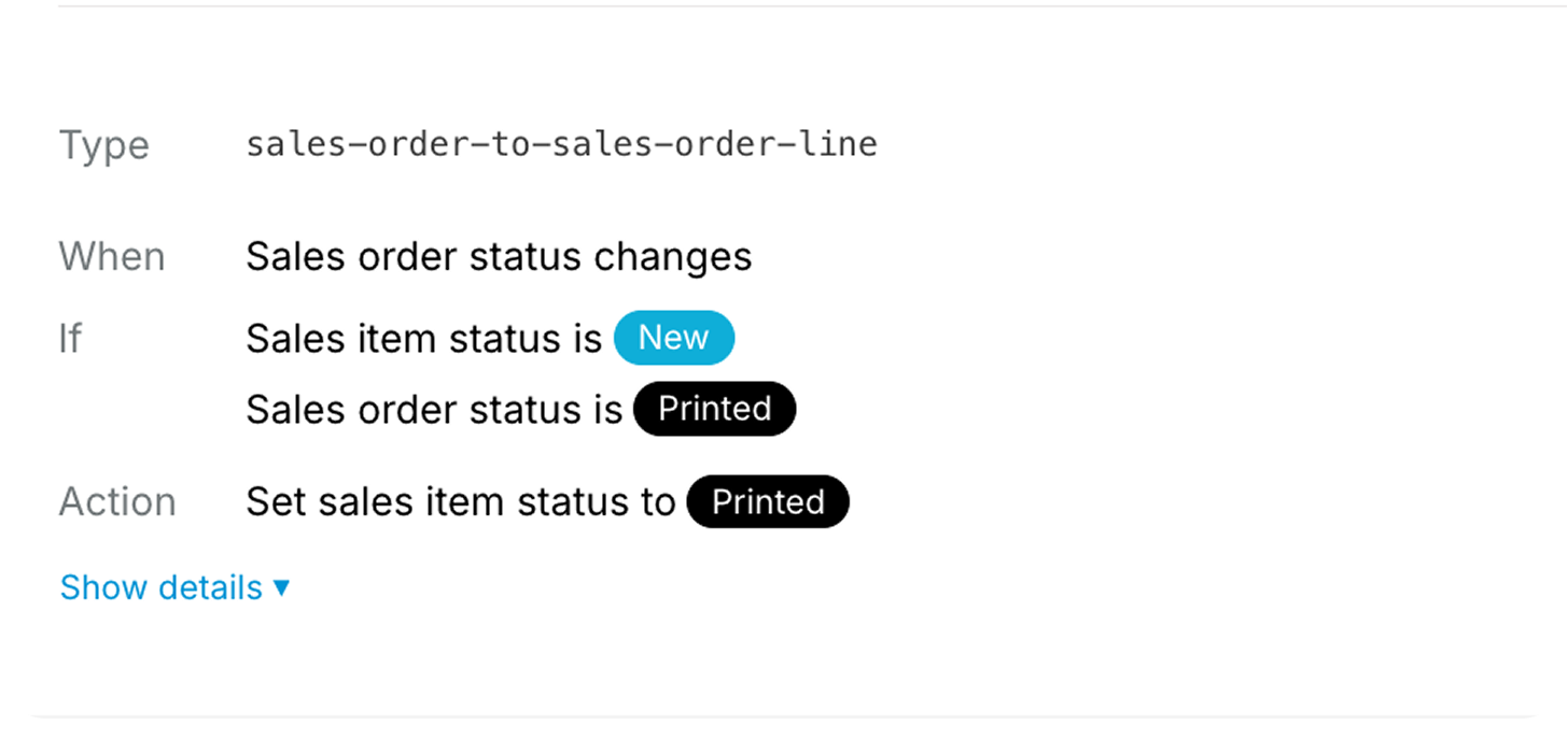 The real Quoterite app: a production automation rule that flips sales items to Printed the moment the order status changes